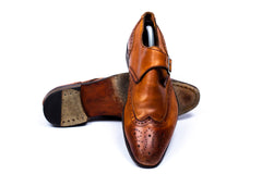 Handmade Men's Two Tone Tan Brown Leather Wing Tip Brogue Monk Strap Dress Shoes