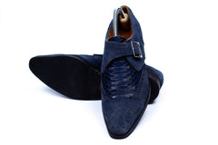 Blue Wingtip Monk Strap Dress Shoes For Men, Genuine Leather Custom Shoes