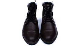 FAUSTO Men's High Top Genuine Leather 7-Eye Lace Up Buckle Strap Work Cap Toe Winter Flat Boots